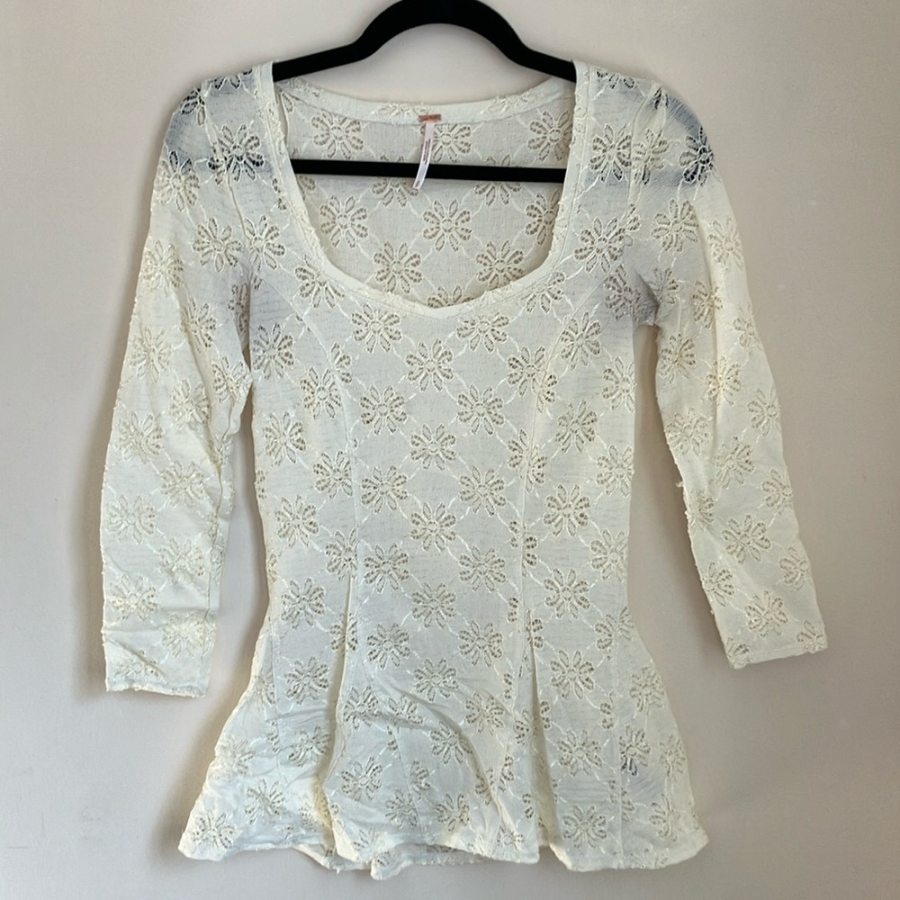 Free People Cream Peplum 3/4 Sleeve Blouse
